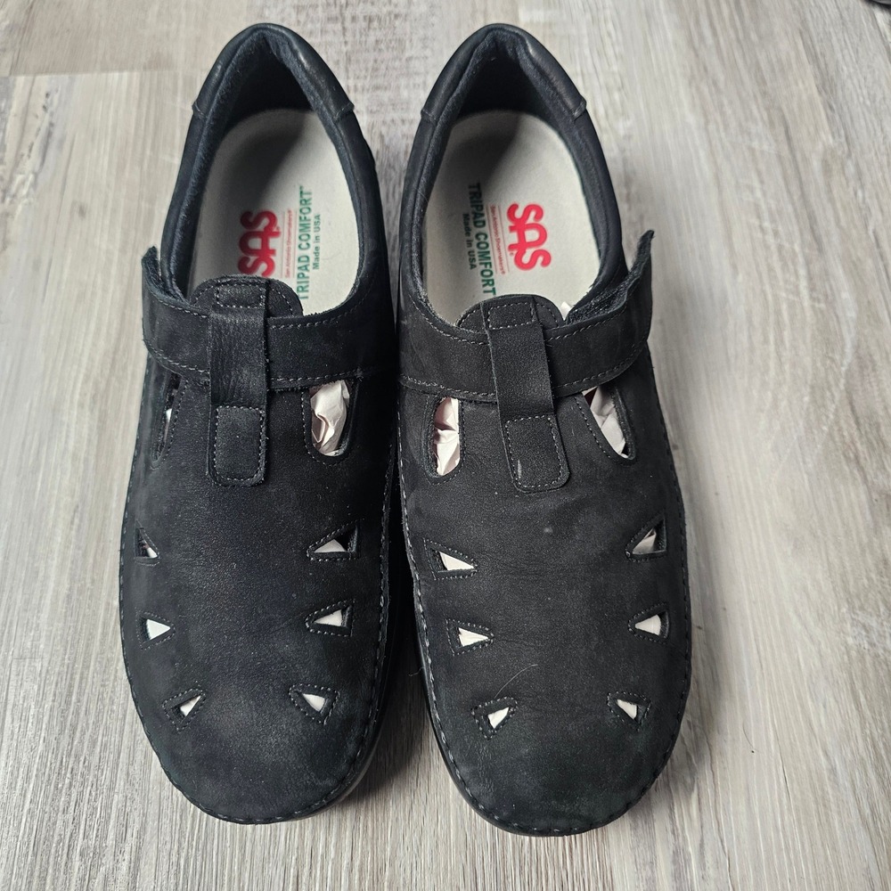 SAS Womens Nubuck Cutout Mary Jane Comfort Shoes 12 W Black Made USA F6863824